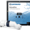 A Hayward W3AQR15 AquaRite Salt Chlorination System for In-Ground Pools up to 40,000 Gallons with a remote control.